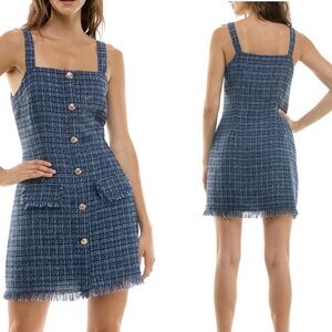 New Trixxi Straight-Neck Sleeveless Fringe-Trim Tweed Dress